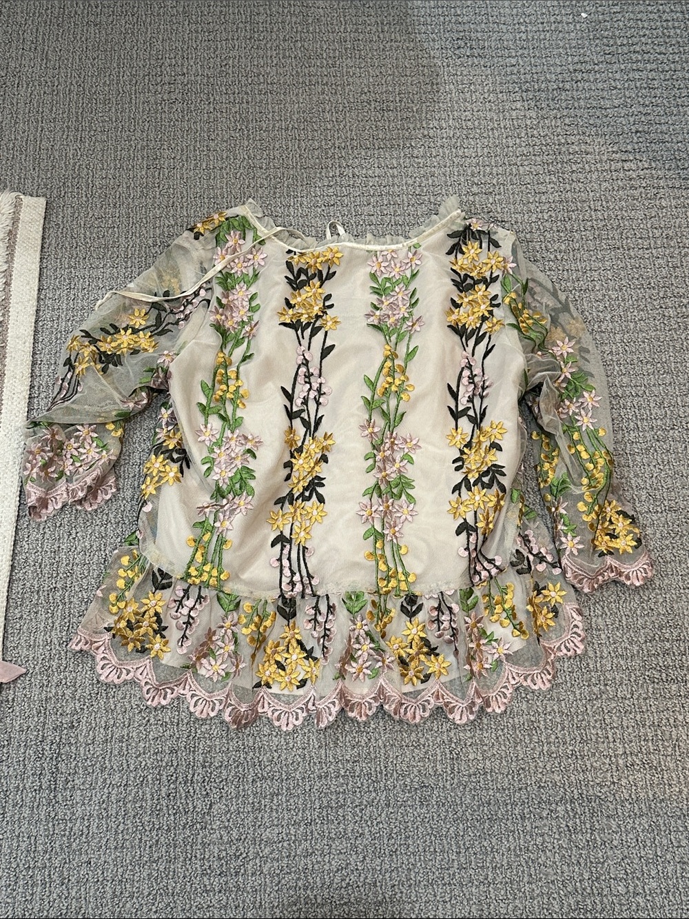 Cupcakes and Cashmere Embroidered Blouse - Tan Yellow & Pink Flowers